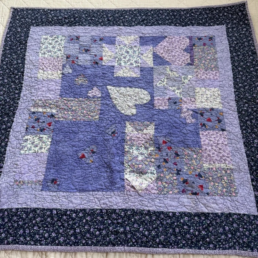 Handmade Patchwork Quilt Wall Hanging 36”x33” | Hearts Appliqué |  CA 2008